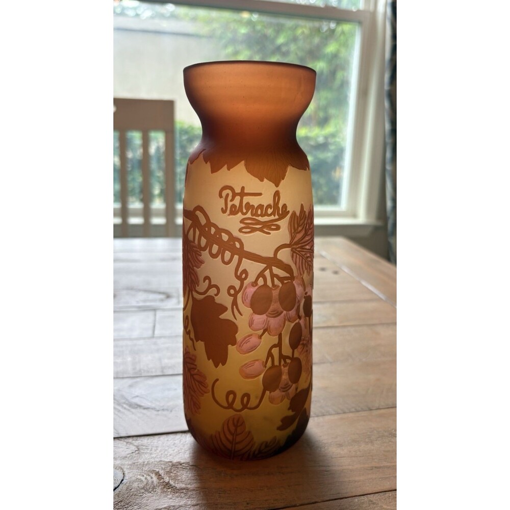 Vintage Petrache Cameo Glass Vase Romanian Acid Etched Grapevine Art Glass